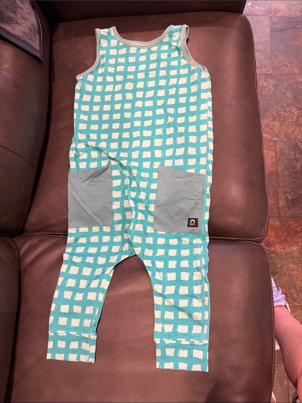 Turquoise & White Grid Romper with Pocket Accents